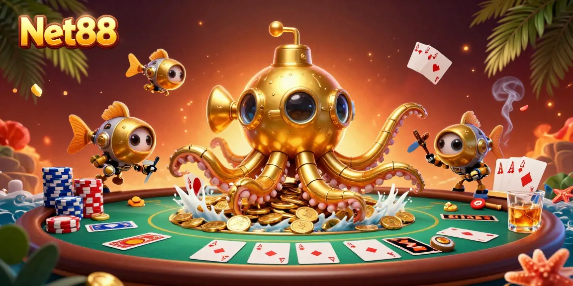 Engage in thrilling gaming with Net88's vibrant 3D illustration of a kraken submarine amidst a sea of gold.
