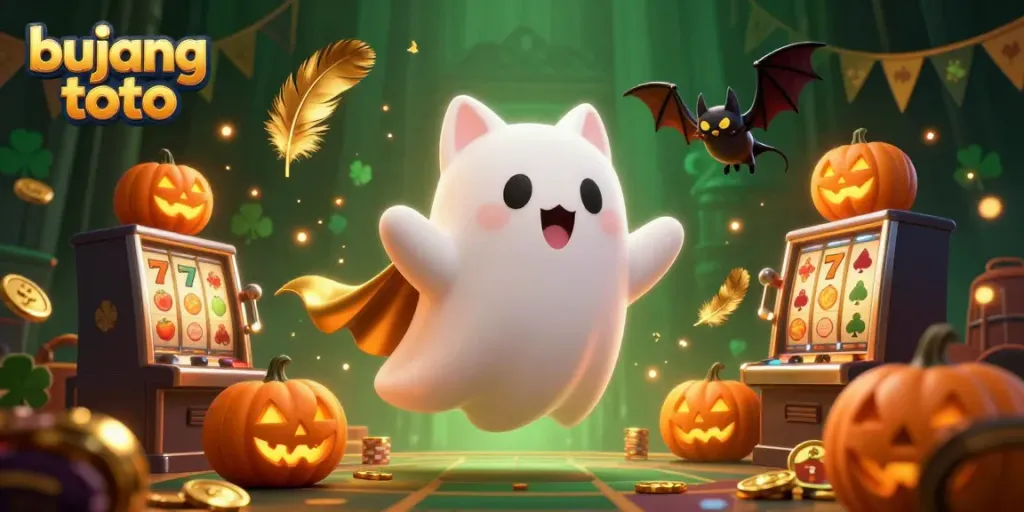 Bujang toto ghost cat and vampire bat enjoying a haunted casino amidst slot machines and golden elements.