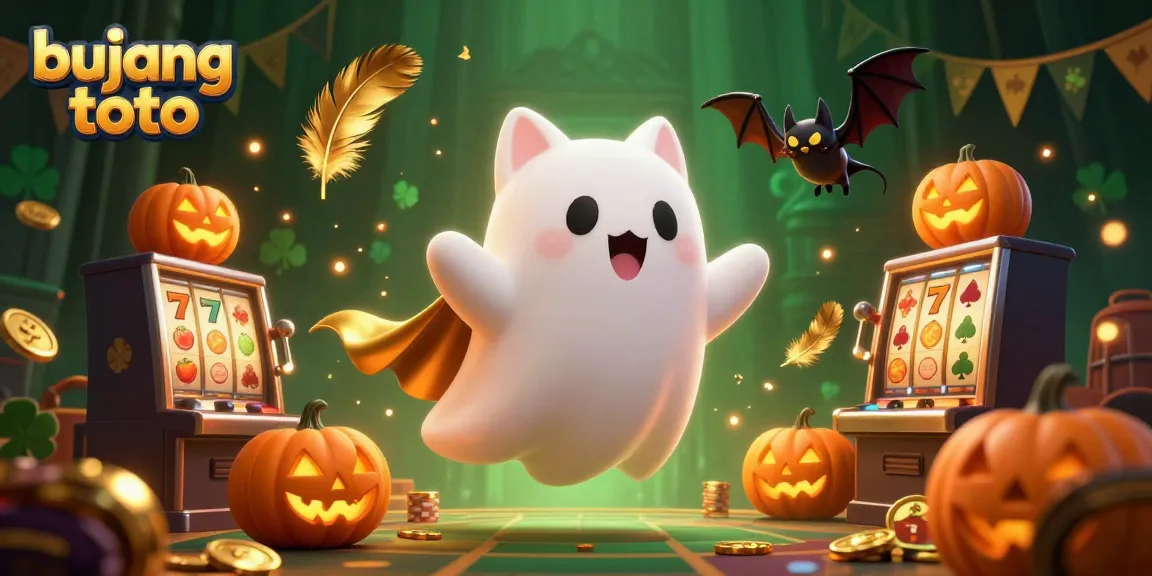 Bujang toto ghost cat and vampire bat enjoying a haunted casino amidst slot machines and golden elements.