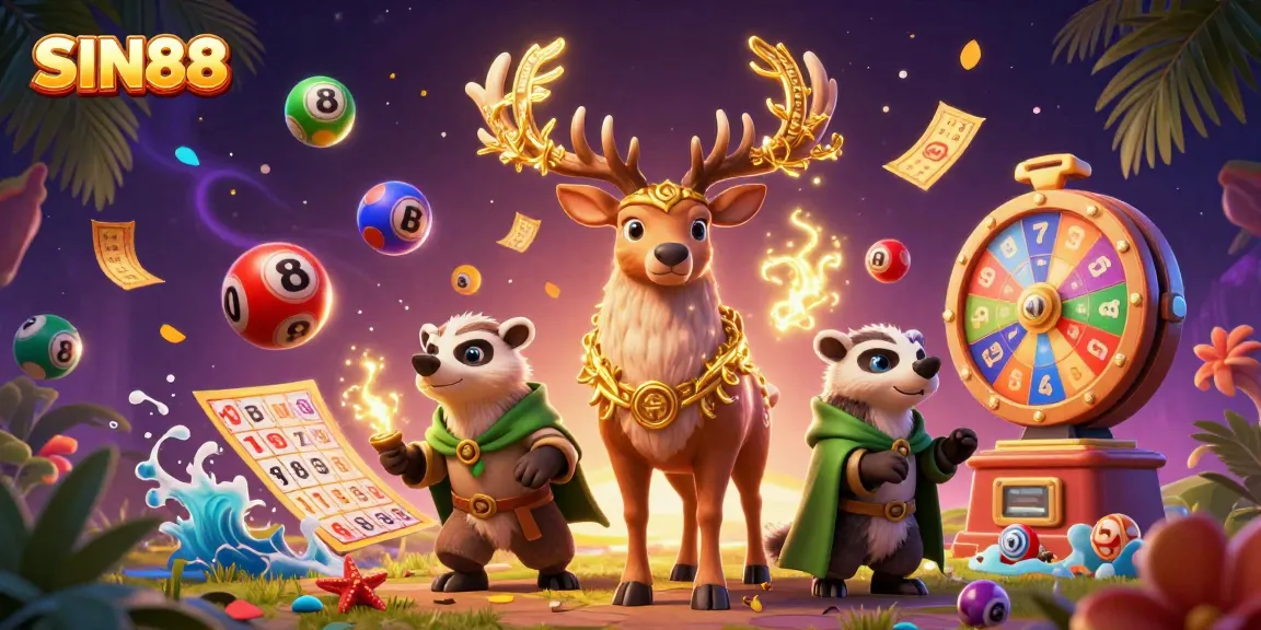 SIN88 showcases a magical gaming scene with vibrant lottery elements and spirited characters.