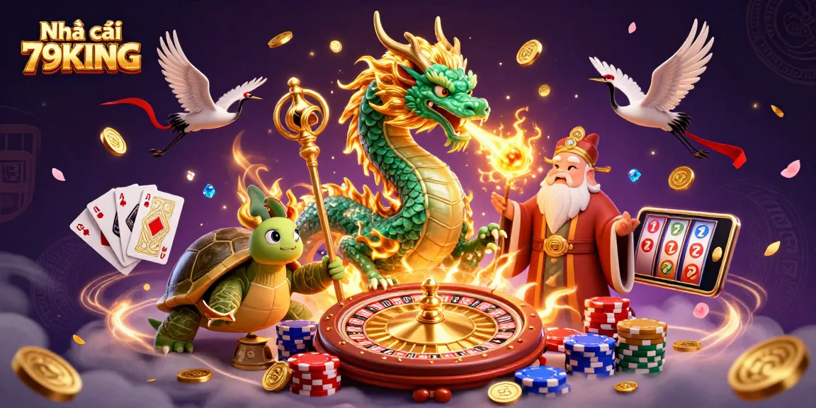 Experience the excitement with Nhà cái 79KING's captivating gaming scene featuring a jade dragon and a lucky turtle.