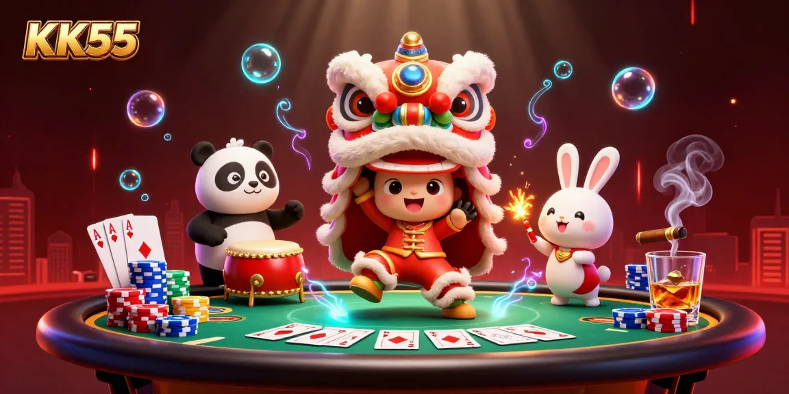 Play exciting games at KK55 with stunning visuals featuring lively characters and casino elements.