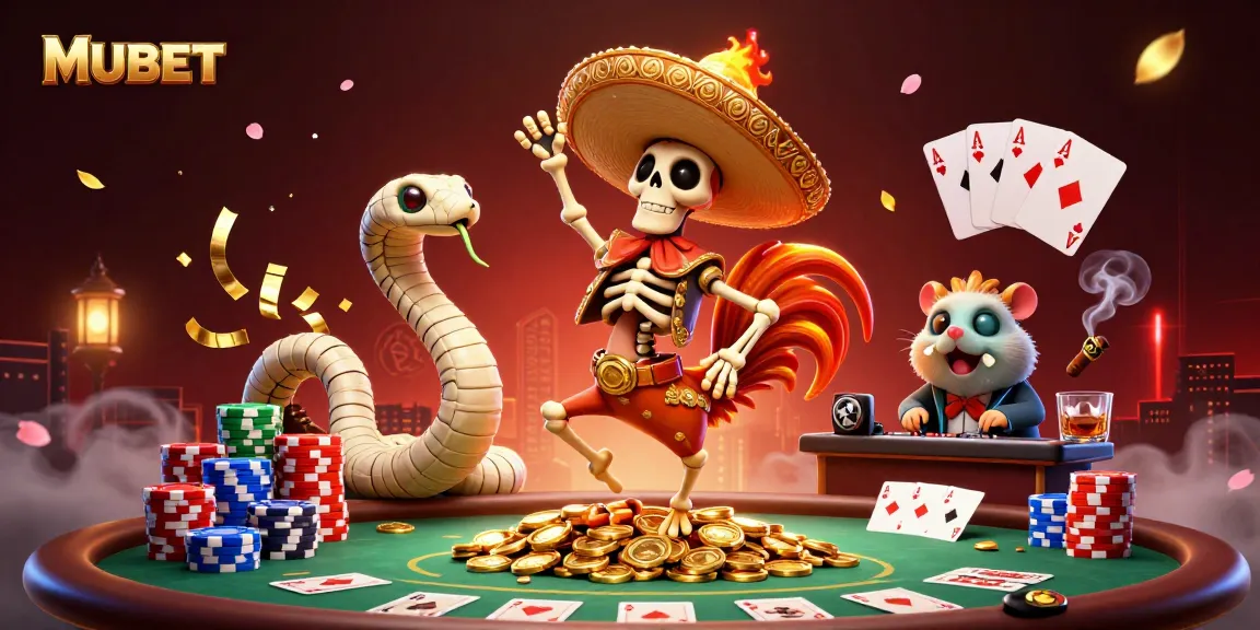 MUBET captures the excitement of poker with vibrant characters celebrating wins atop a treasure of coins.