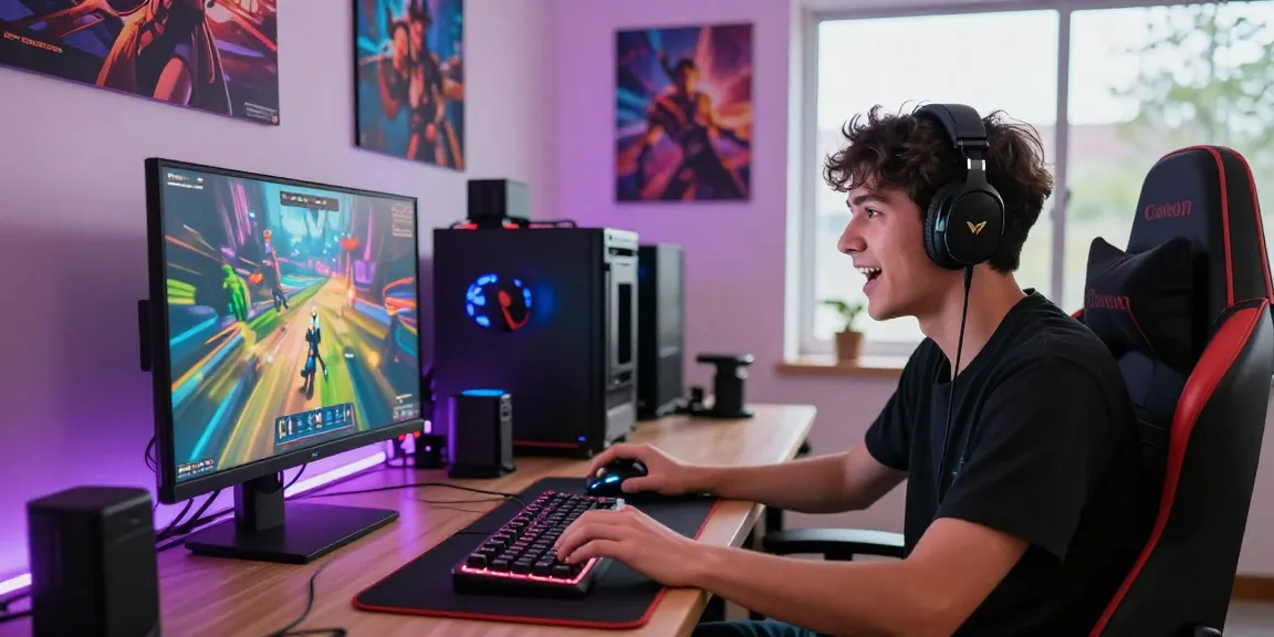 A gamer immersed in online play on CIKA4D, surrounded by colorful gaming equipment and an immersive atmosphere.