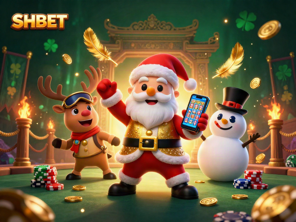Win big with SHBET in a vibrant casino scene featuring Santa, a reindeer dealer, and poker chip snowman.