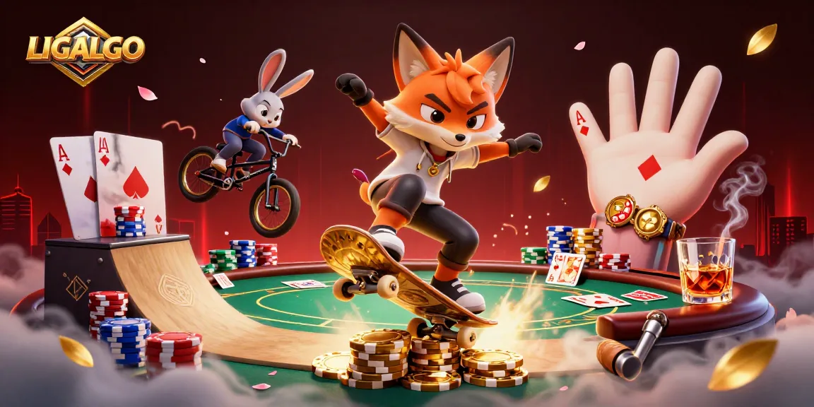 LIGALGO presents a vibrant 3D scene featuring a skateboarder fox and BMX-riding rabbit amidst poker chips and casino elements.