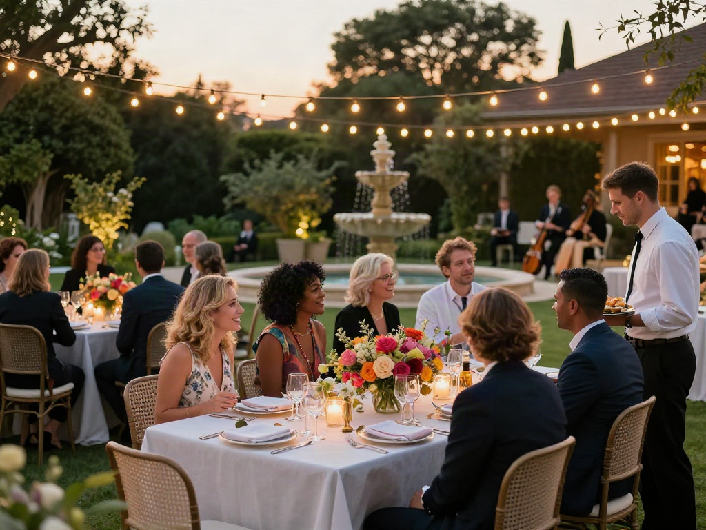 Event furniture rental setup for a sophisticated outdoor gathering with elegant tables and decorated floral arrangements.