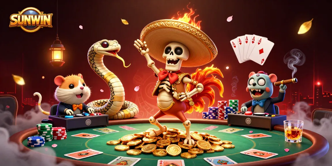 SUNWIN showcases a vibrant casino scene with animated characters dancing amid poker chips and cards.