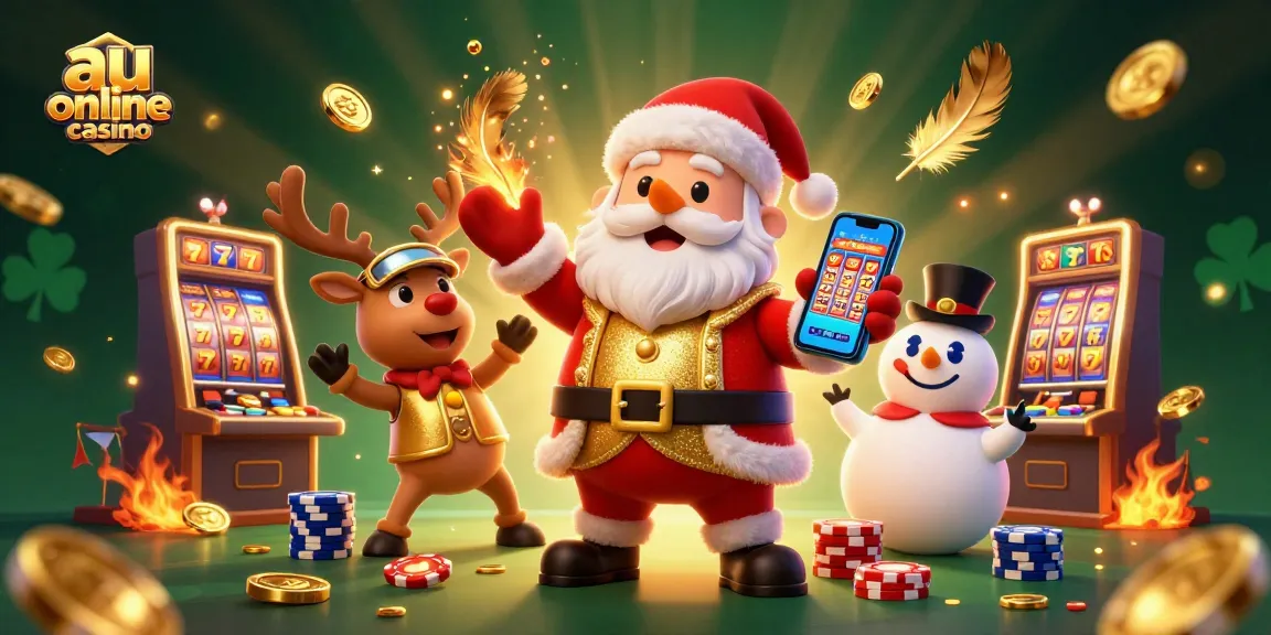 Engage with the festive action at au online casino featuring Santa and friends amidst jackpots and gold coins.