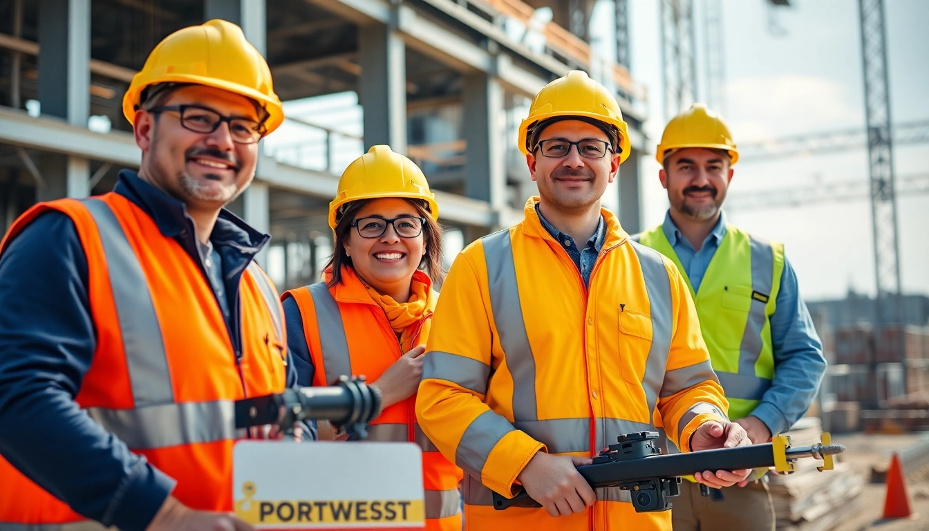 Portwest España workers demonstrating safety features in high-visibility clothing at a construction site.
