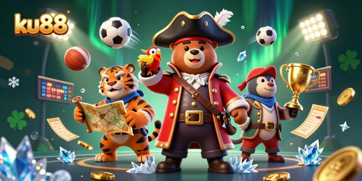 Engage in thrilling bets with ku88, featuring a pirate bear and fierce tiger in a vibrant 3D casino adventure.