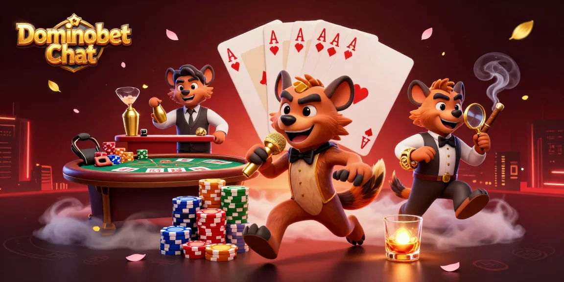 Join the fun in Dominobet Chat with lively hyenas at a casino scene featuring poker elements.