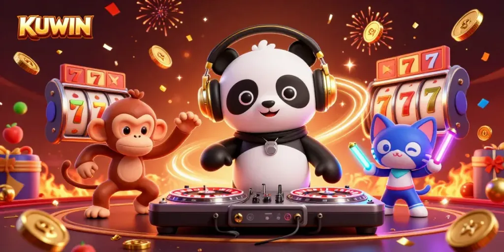 Join the fun at KUWIN's vibrant casino scene showcasing exciting games and characters.