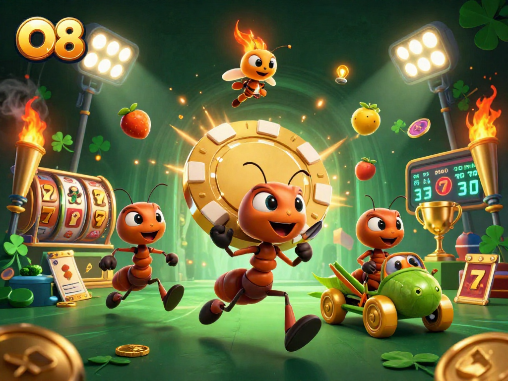 Catch the excitement at O8 where a team of 3D cartoon ants steals a golden poker chip amidst dynamic gaming elements.