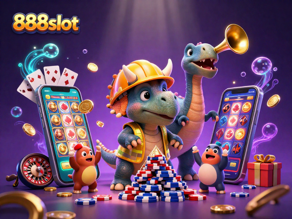 Join the celebration with 888slot as triceratops builds chips while coins and cards overflow