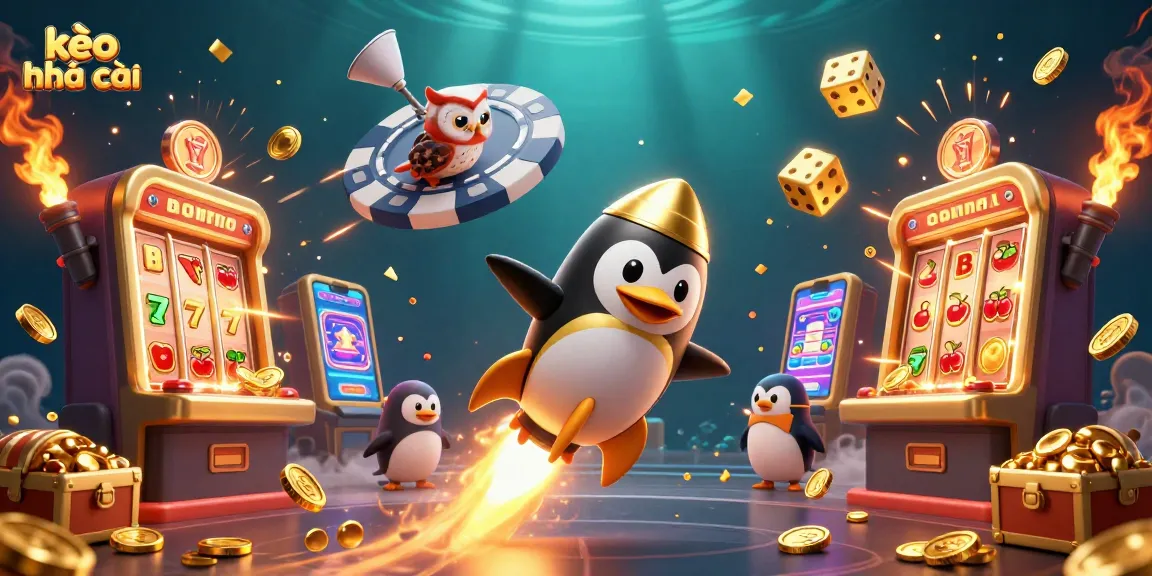 Experience kèo nhà cái action with a golden penguin, casino elements, and vibrant 3D jackpot effects.