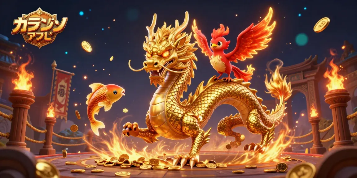 オンラインカジノアプリでのドラゴンと金色の鯉が舞うダイナミックなシーン