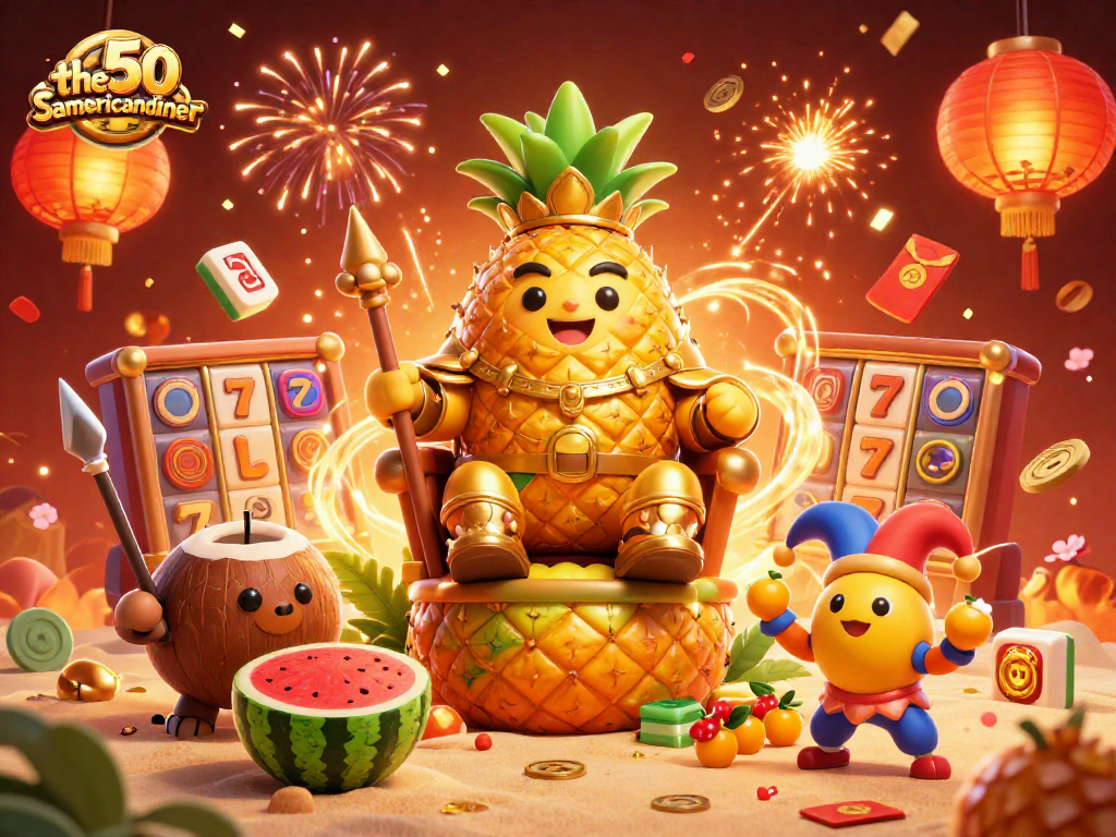 The50samericandiner showcases a vibrant 3D casino scene with a golden pineapple king, engaging slot reels, and festive elements.