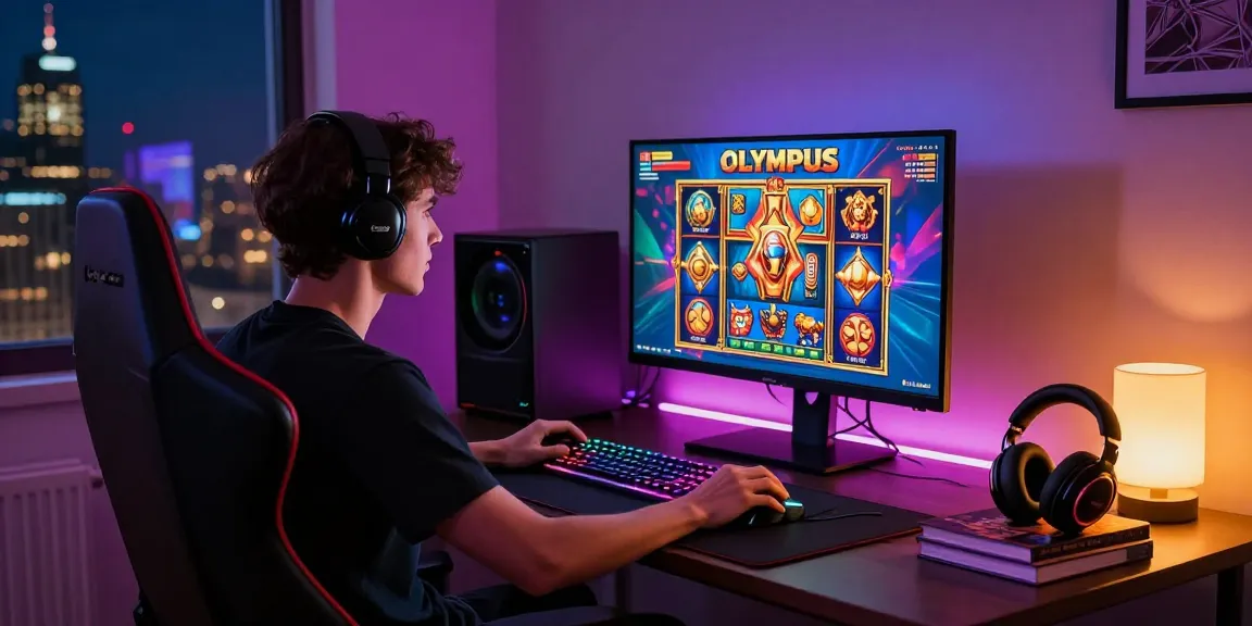 Exciting gaming scene with a player engaged in slot olympus, illuminated by neon lights.