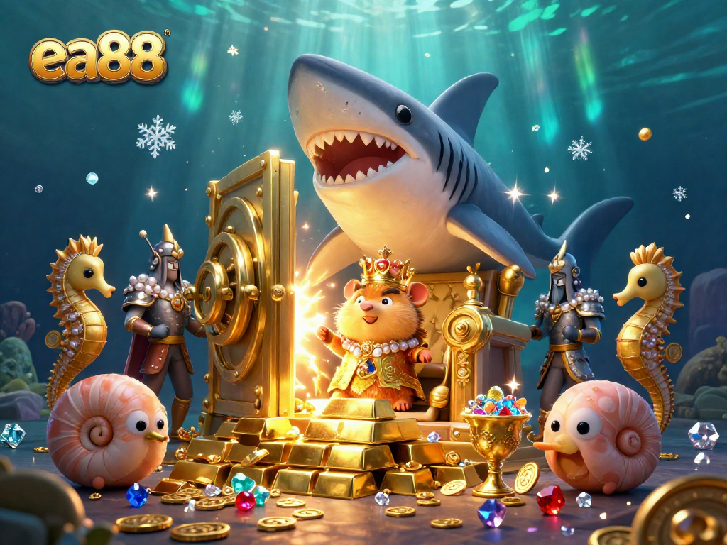 Experience epic wins at ea88 with a golden hamster king amid treasures and royal seahorses in a vibrant casino scene.