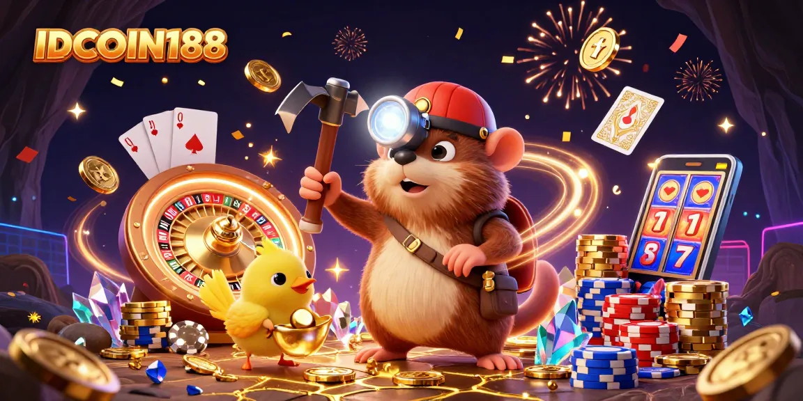 IDCOIN188 gaming scene featuring treasure hunter and canary amid coins, poker chips, and roulette.