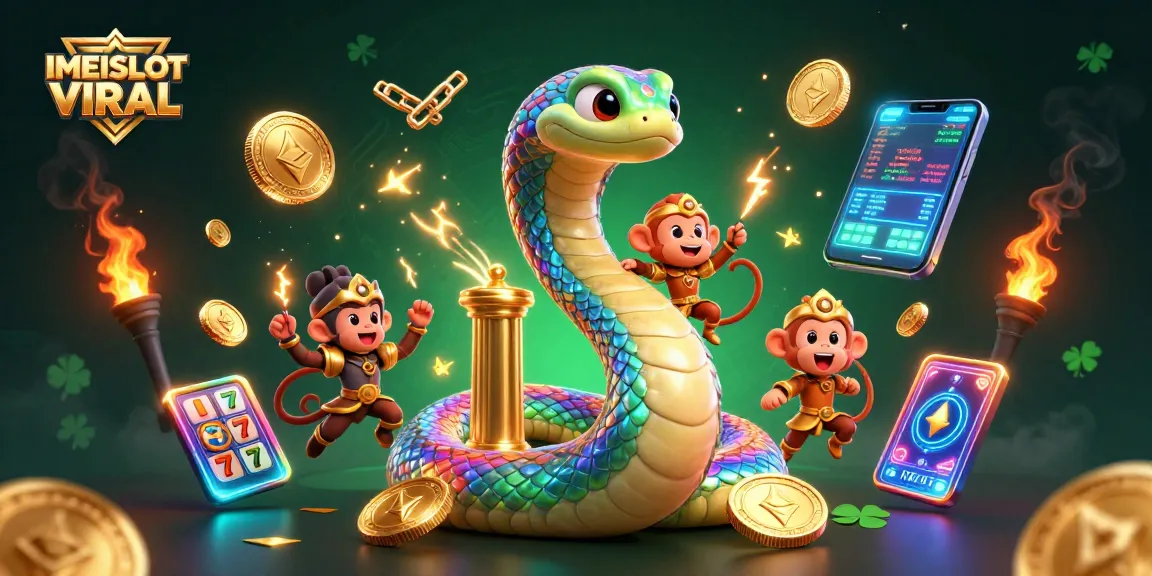 Experience the excitement of IMEISLOT VIRAL as a rainbow serpent coils around a golden pillar, surrounded by vibrant cryptocurrency elements.