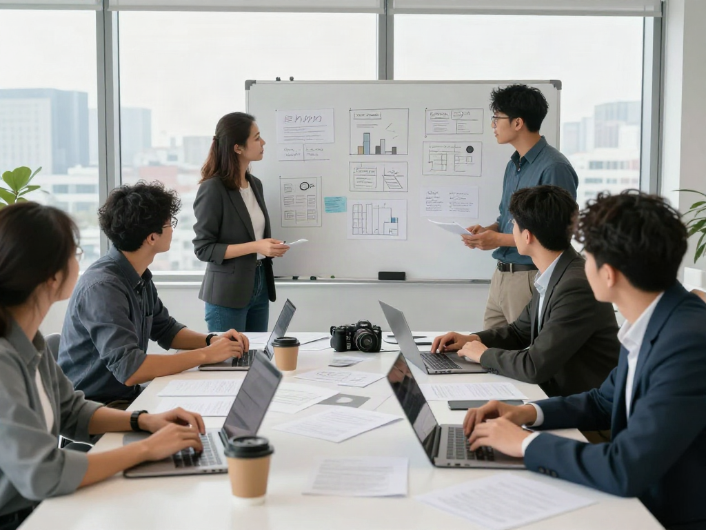A professional team collaborating on project ideas, showcasing his response to creative challenges in a bright office setting.