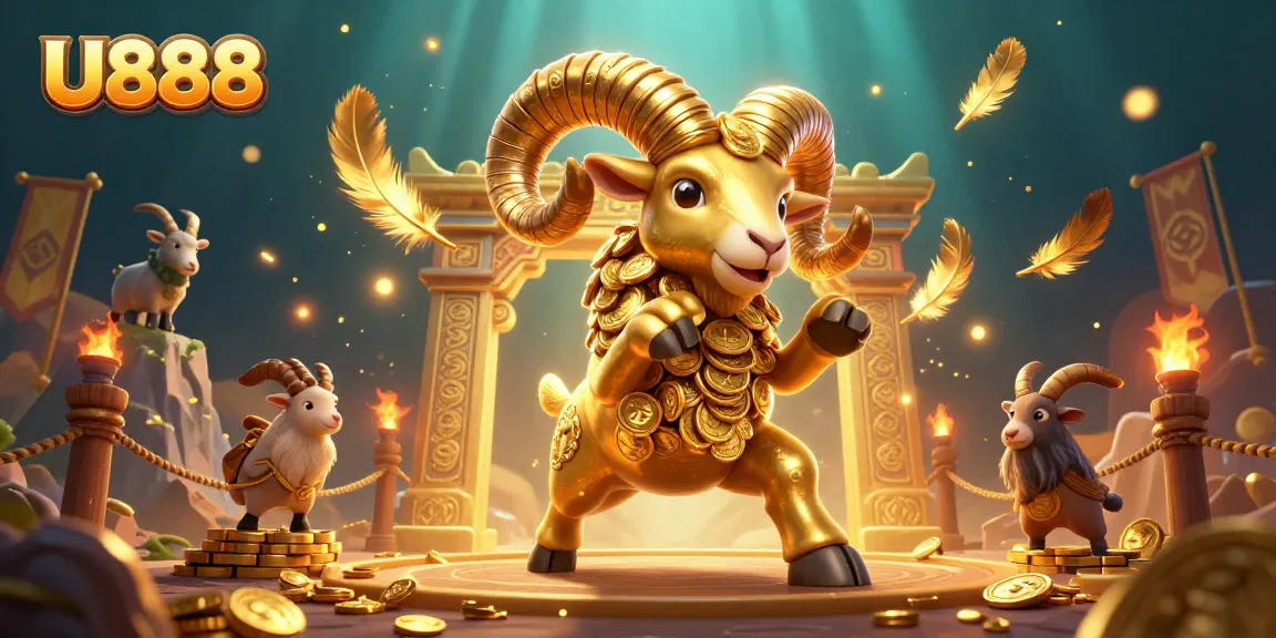 Experience U888 thrilling gameplay with the 3D golden ram navigating through a vibrant casino world.