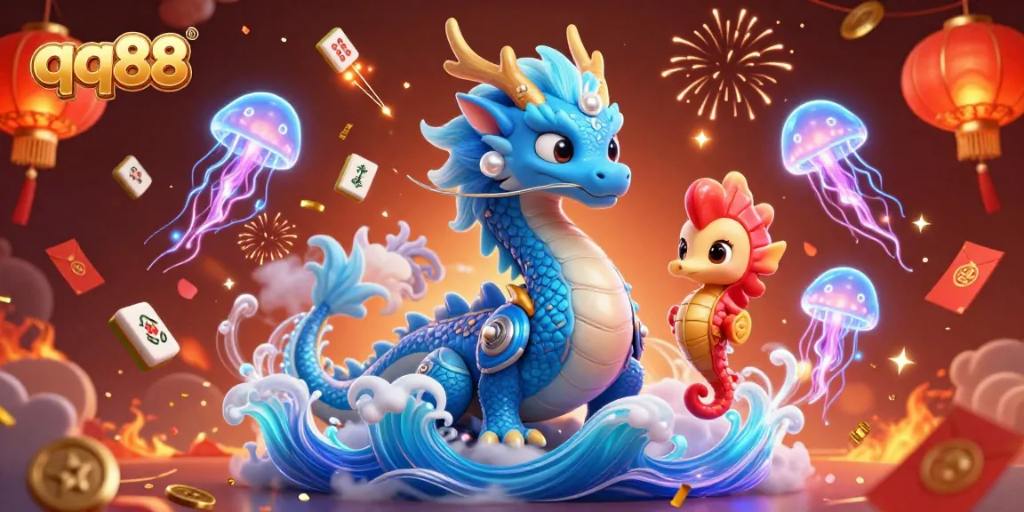 Engage with qq88's vibrant casino universe featuring a dragon, seahorse, and jellyfish amidst festive gaming elements.