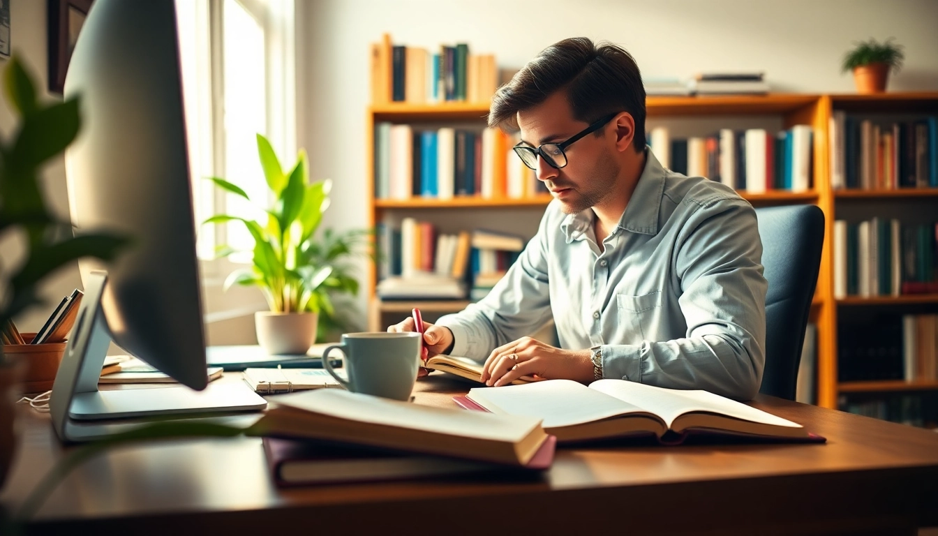 Create a compelling guide for online book publishing india, featuring an author in a cozy workspace.