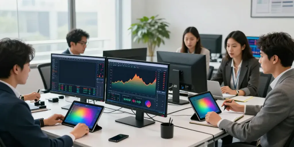 Engaged traders analyzing markets in a modern office, showcasing tradingview官网 tools.