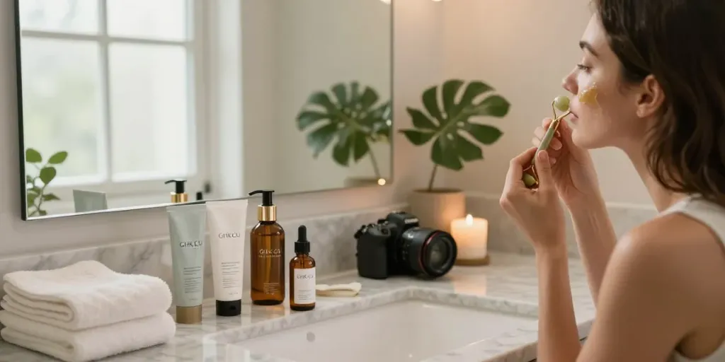Buy ghk-cu Canada skincare routine with serum application and relaxing ambiance.