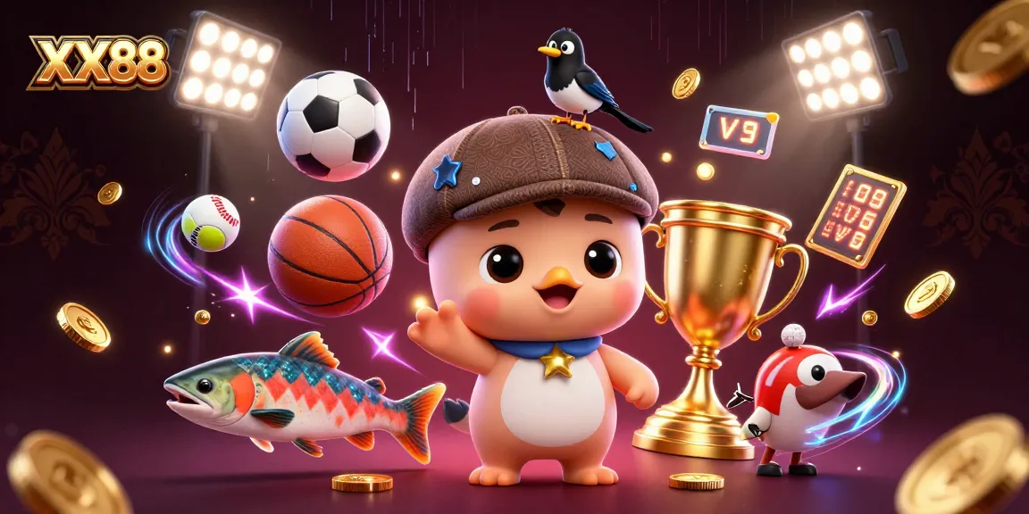 Experience exciting gameplay at XX88 with a vibrant 3D illustration of animated characters and casino themes.