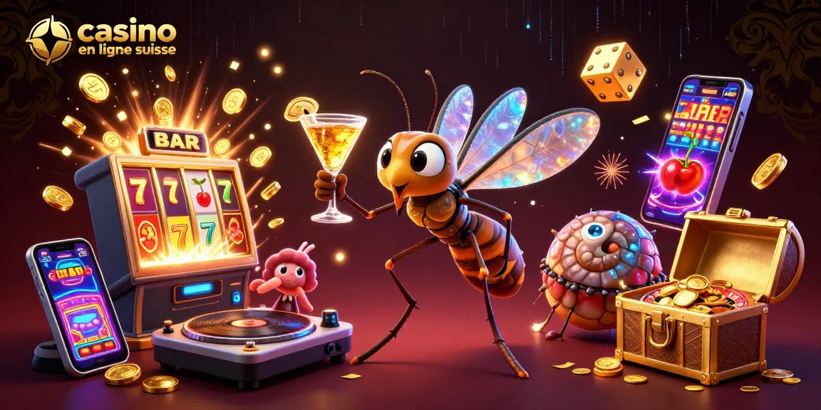 Jouez au casino en ligne suisse avec cette illustration dynamique des jeux de casino et des personnages animés.
