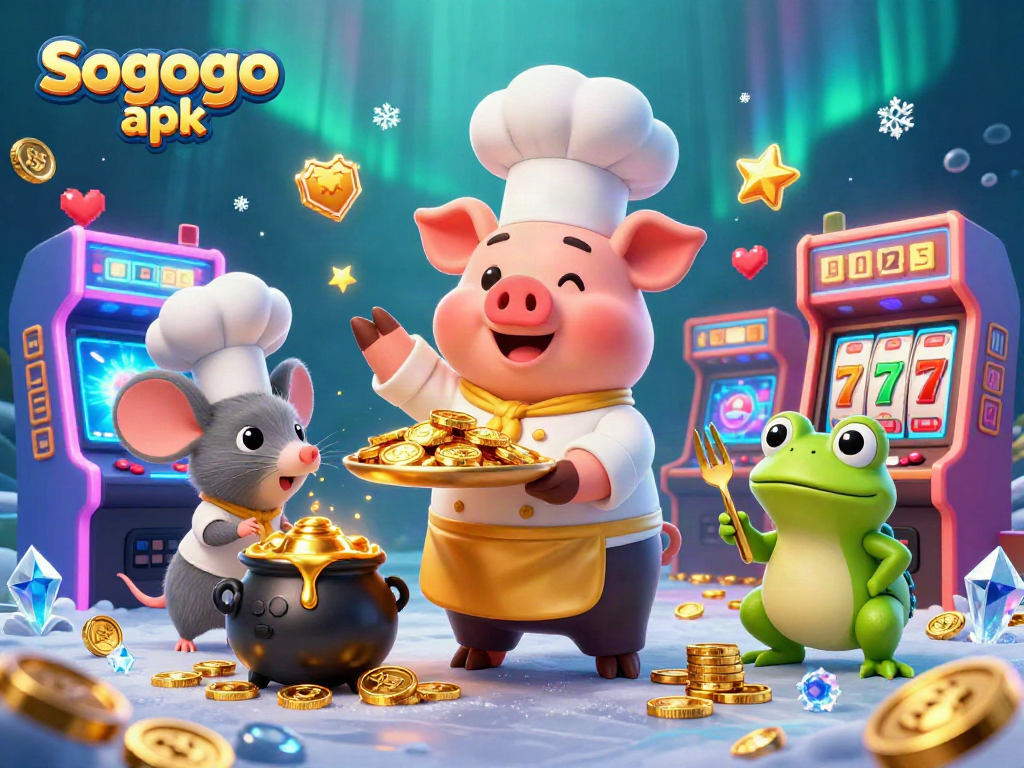 Sogogo apk showcases a vibrant casino scene with a chef pig serving gold coins amidst gaming machines.