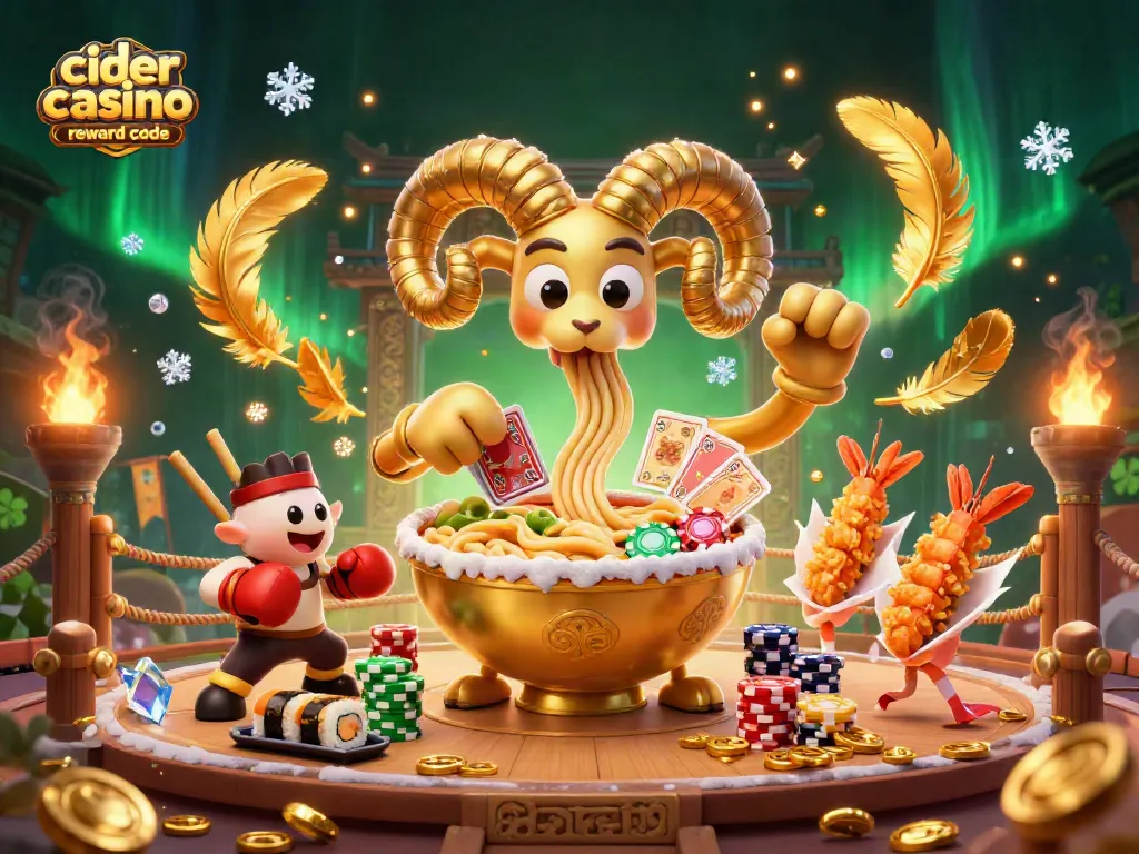 Engage with the dynamic scene of the cider casino reward code featuring characters like gyoza, tempura, and a ramen bowl amid casino elements.