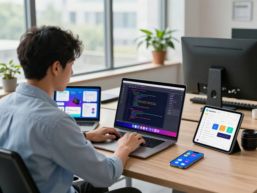 Developer immersed in coding the pikashow apk in a modern workspace