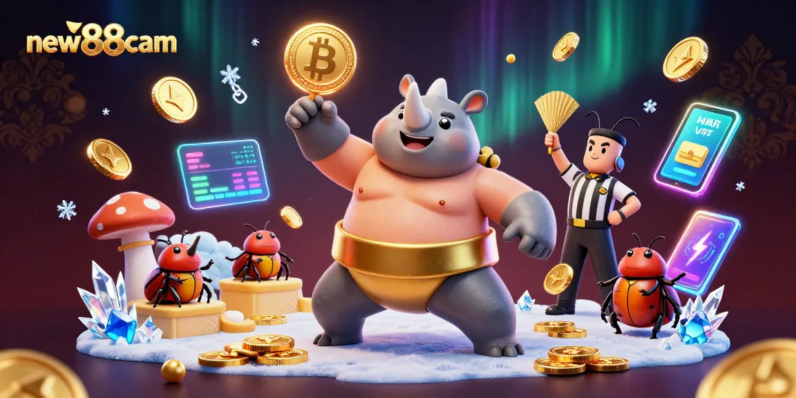 Experience thrilling wins with new88cam in an action-packed online gambling scene featuring a sumo beetle champion.