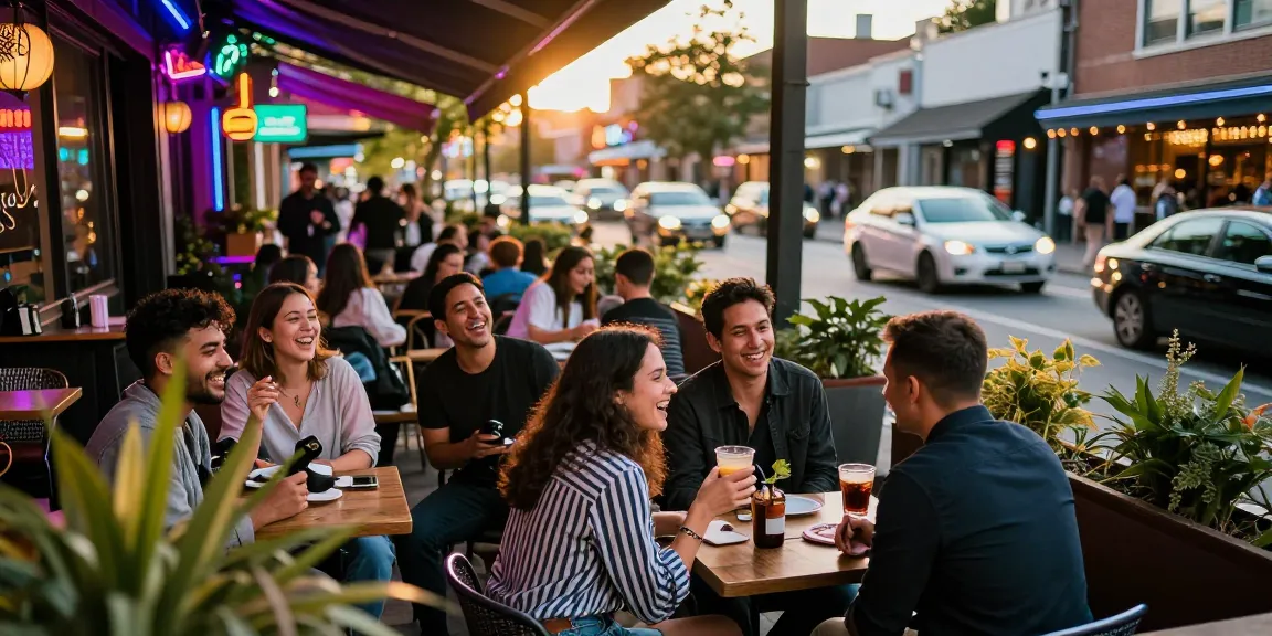 Dynamic nightlife scene highlighting 유흥사이트 with friends enjoying an evening out, vibrant colors and lively atmosphere.