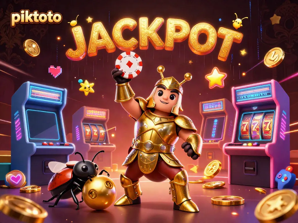 Join piktoto for thrilling wins as a beetle lifts a poker chip, celebrating jackpot excitement.
