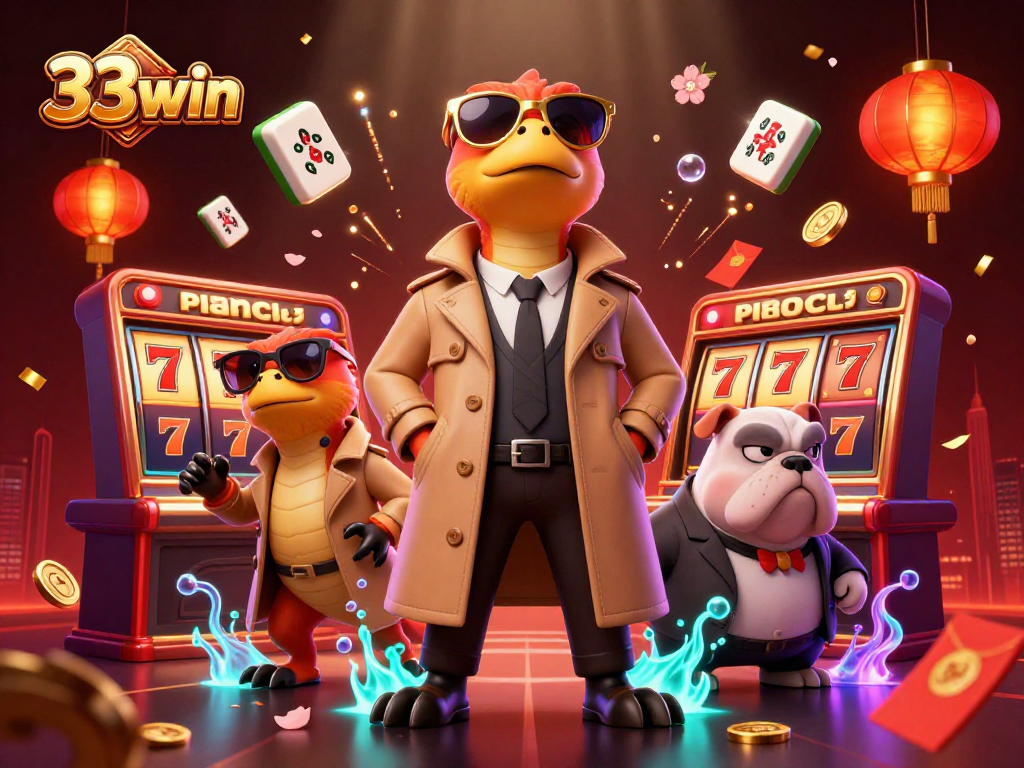 Experience 33win with raptors in a trench coat at a vibrant casino lounge, playful and fun.