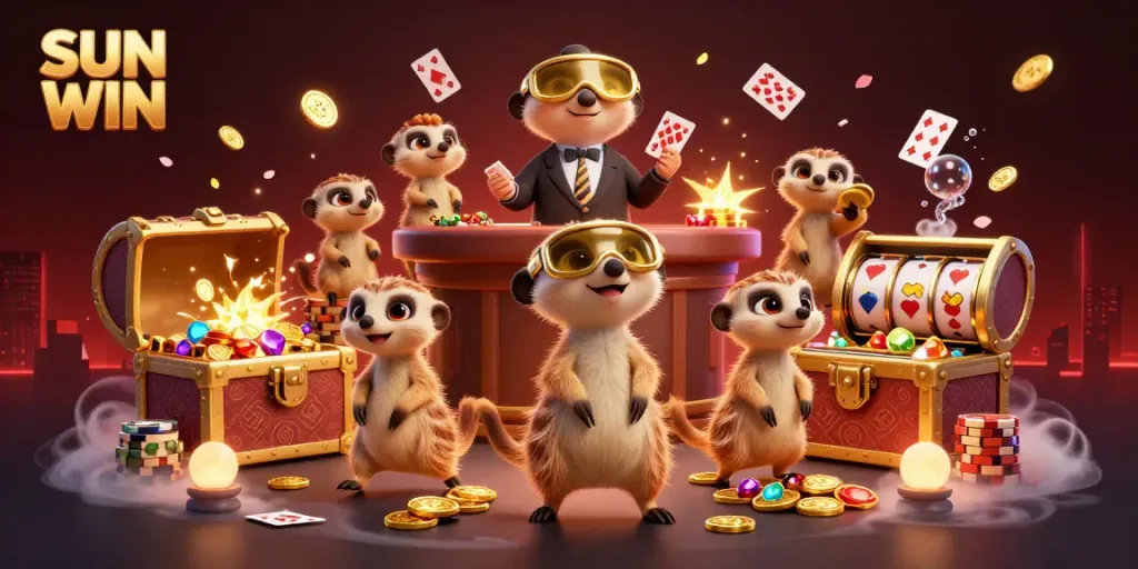 Experience the thrill of SUN WIN with meerkats in a vibrant casino scene, surrounded by treasure and dynamic game elements.