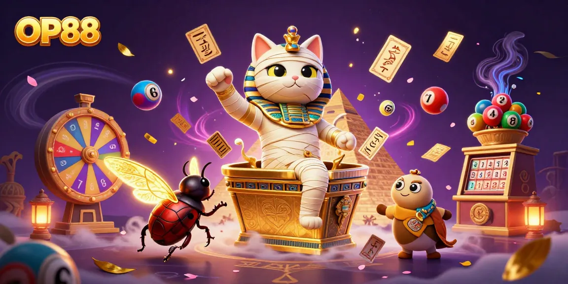 OP88 offers immersive gaming experiences with a playful Egyptian mummy in a vibrant casino scene.