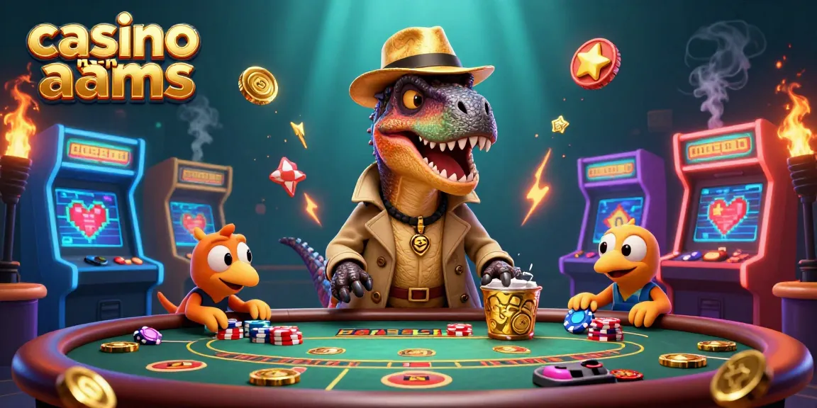 Gioca nei casino non AAMS con un velociraptor al tavolo da blackjack, circondato da macchine arcade colorate.