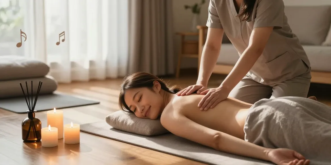 마포출장안마 relaxation session with therapist and candles in a cozy living room.