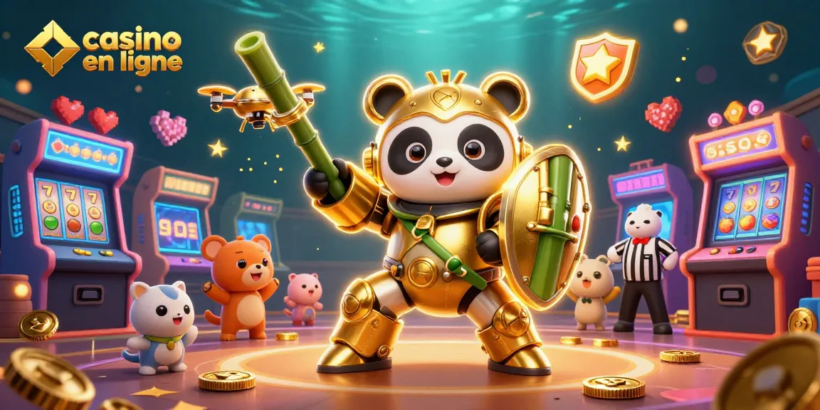 Illustrez le casino en ligne avec un panda mech en bataille entouré de machines à sous.