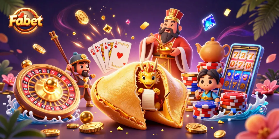 Fabet presents an exciting casino scene with golden fortune cookie, dragon, and dynamic game elements.