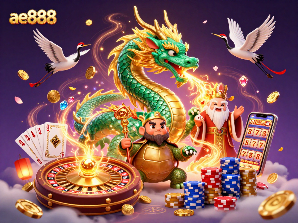 Win big with ae888: An immersive gaming experience featuring a jade dragon and lucky cranes.