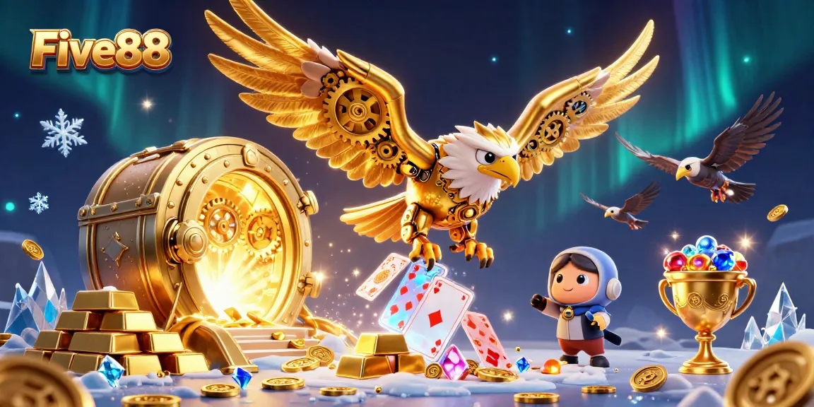 Experience the excitement of Five88 as our golden eagle dives through animated cards amidst a world of treasure.