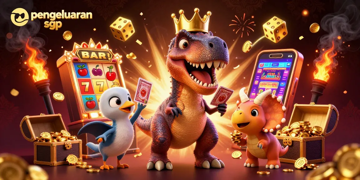 Engaging pengeluaran sgp scene with cartoon dinosaurs playing cards and chips in a vibrant casino environment.